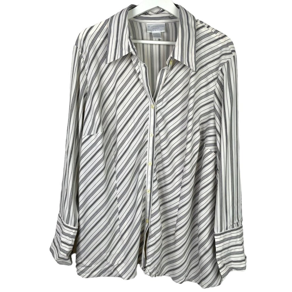 WORTHINGTON Stretch Womens 2X White Striped Button Down Long Sleeve Shirt